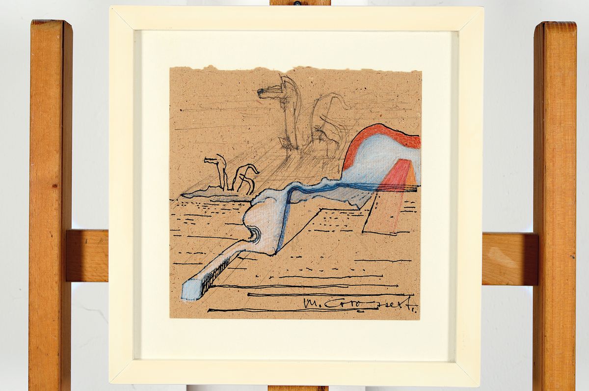 Detail k: Michael Croissant, 1928 Landau/Pfalz-2002 München, Zeichnung in Tusche, Bleistift und Buntstift auf braunem Papier, wohl Skizze zu einer Skulptur, ...