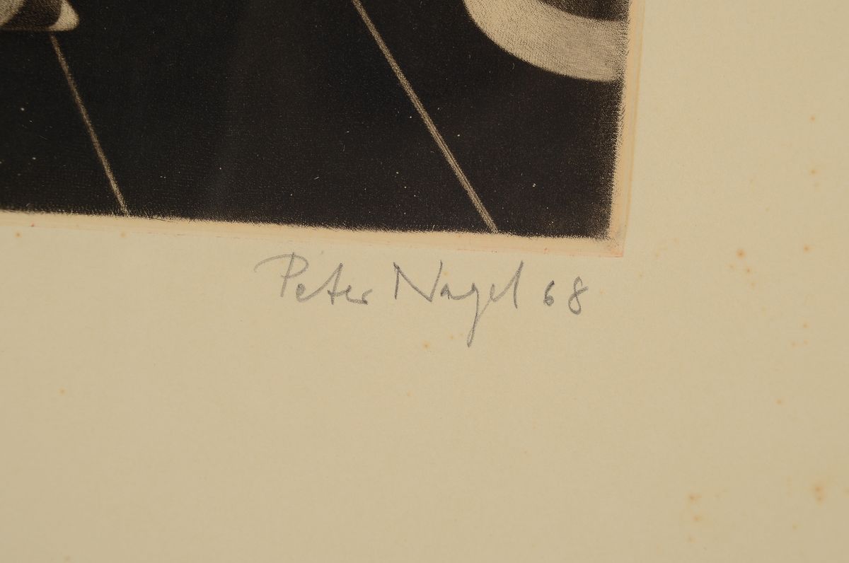Detail a: Peter Nagel, geb. 1941 Kiel, Ohne Titel, Mezzotinto von 1968, signiert und dat., bez.: Probedruck (rosa), leicht fleckig, gebräunt, ca. 30.5x24.5cm, ...