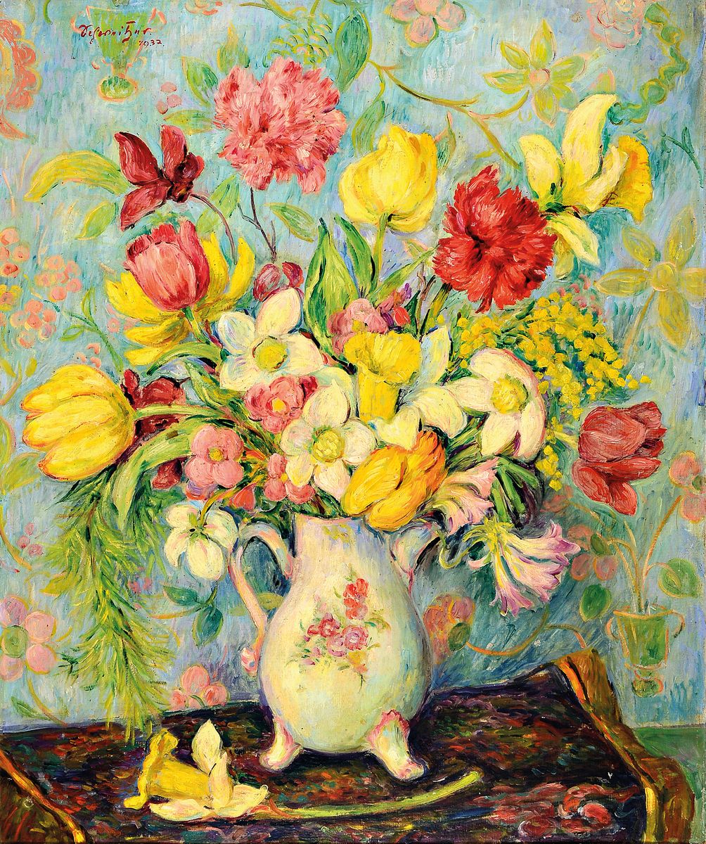 Schnitzer, datiert 1937, Üppiger Frühlingsblumenstrauß, Öl/Malkarton, links oben signiert und dat., ca. 60x50cm, R. ca. 69x59cm