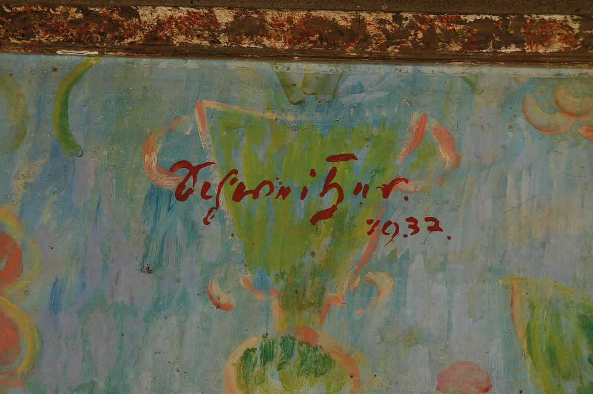 Detail a: Schnitzer, datiert 1937, Üppiger Frühlingsblumenstrauß, Öl/Malkarton, links oben signiert und dat., ca. 60x50cm, R. ca. 69x59cm