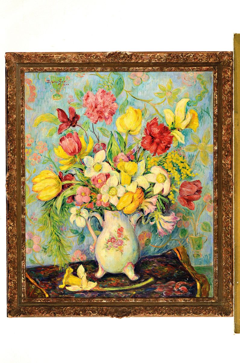 Detail k: Schnitzer, datiert 1937, Üppiger Frühlingsblumenstrauß, Öl/Malkarton, links oben signiert und dat., ca. 60x50cm, R. ca. 69x59cm