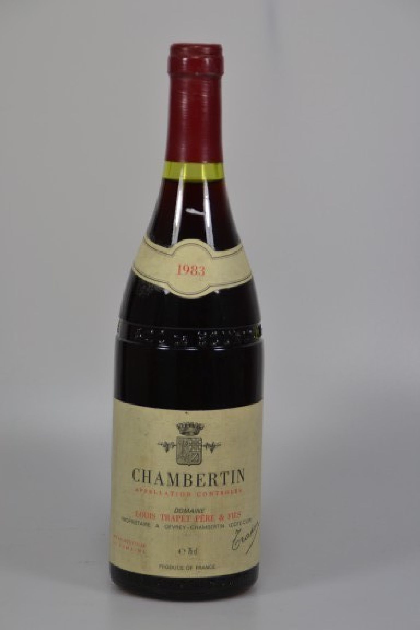 1 Flasche, 1983 Domaine Trapet Pere et Fils Chambertin Grand Cru, Cote de Nuits, 750ml, Füllniveau ca. 0,6 cm, unverkostet, kapsel minbest.