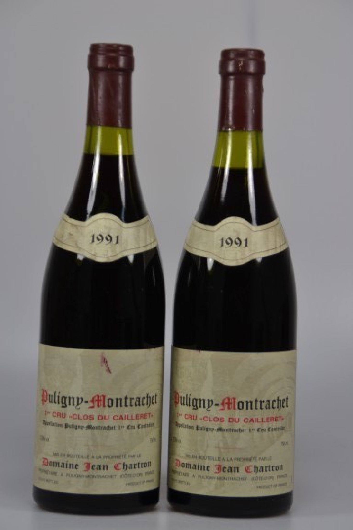 2 Flaschen, 1991 Domaine Jean Chartron, Clos du Cailleret, Puligny-Montrachet Premier Cru, 750ml, 13,5ml, Füllniveau 1,4/2 cm, unverkostet, Etikett ...