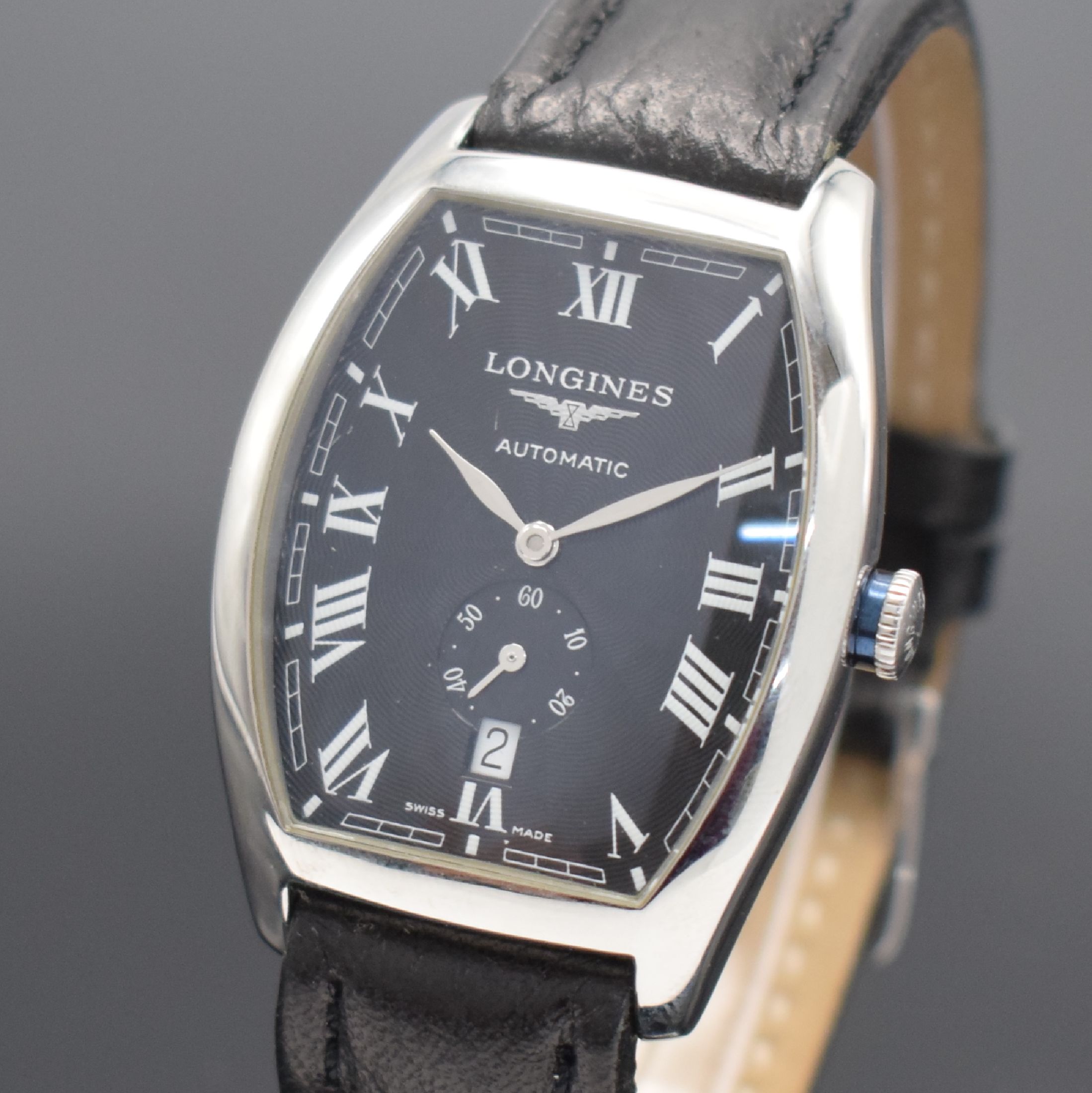 Detail a: LONGINES Evidenza Herrenarmbanduhr in Stahl,Schweiz um 2006, Automatik, Ref. L2.642.2, Boden 4-fach verschr., neutr. Lederband m. orig. Dornschl., ...