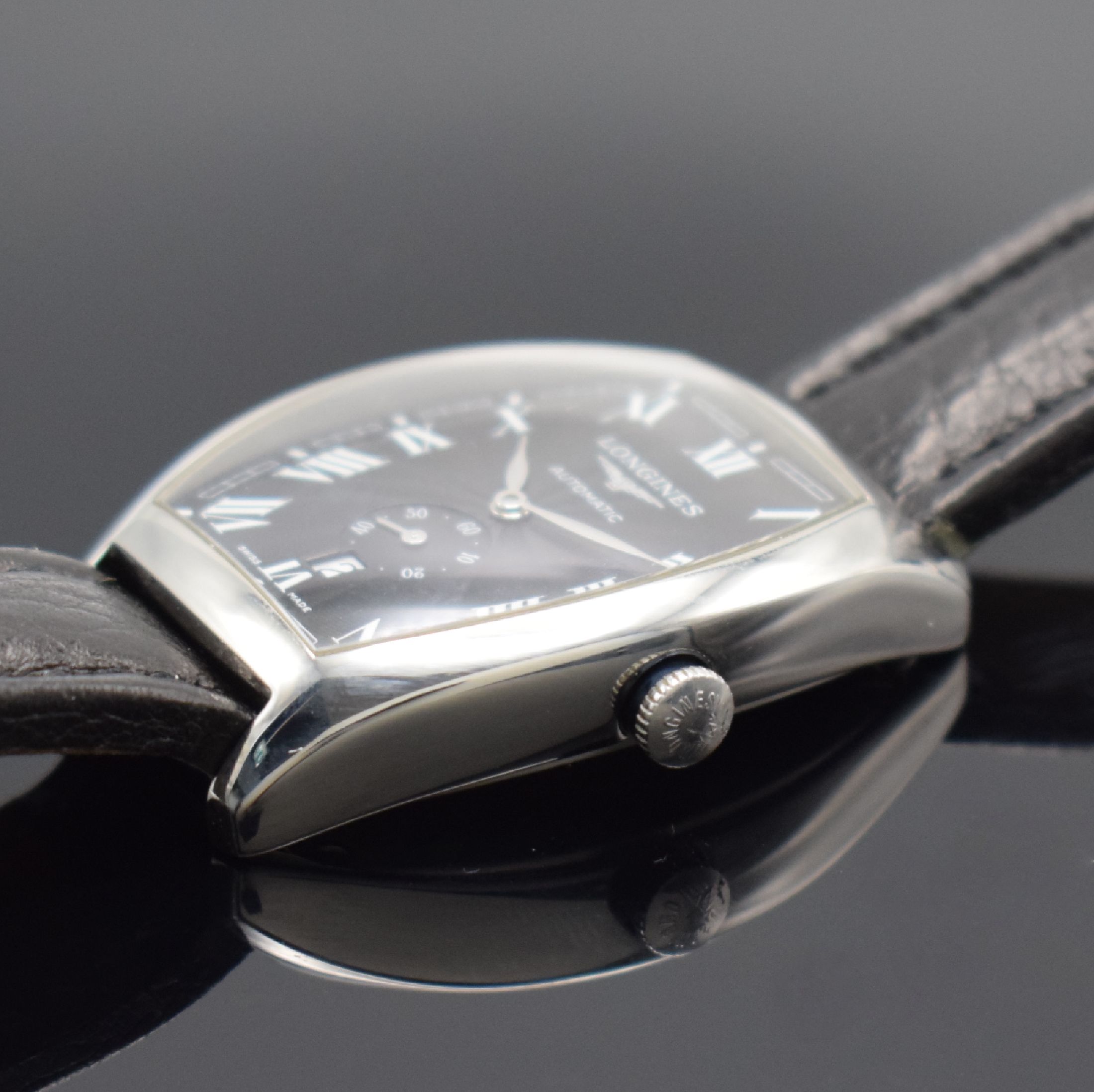 Detail c: LONGINES Evidenza Herrenarmbanduhr in Stahl,Schweiz um 2006, Automatik, Ref. L2.642.2, Boden 4-fach verschr., neutr. Lederband m. orig. Dornschl., ...