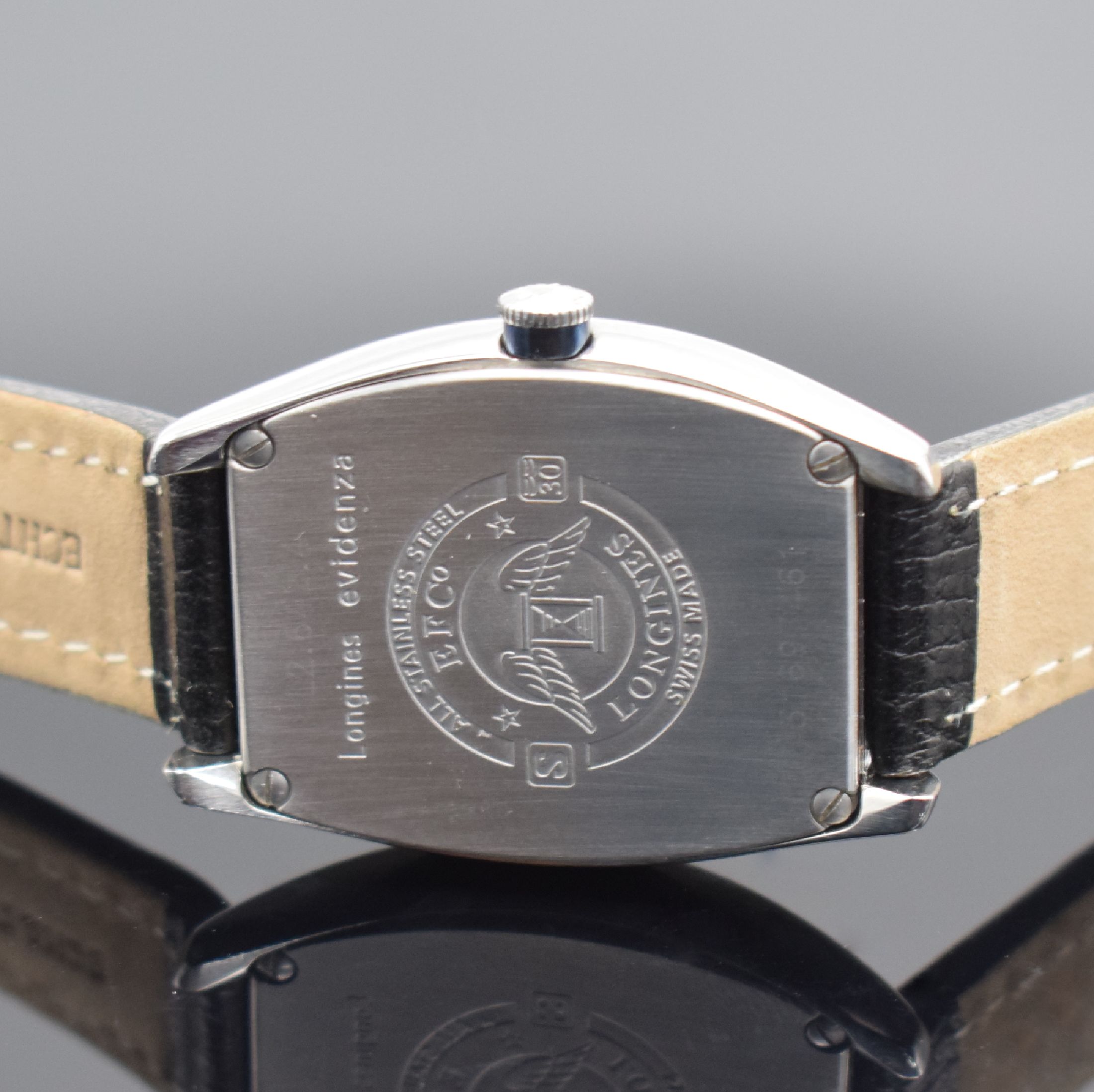 Detail d: LONGINES Evidenza Herrenarmbanduhr in Stahl,Schweiz um 2006, Automatik, Ref. L2.642.2, Boden 4-fach verschr., neutr. Lederband m. orig. Dornschl., ...