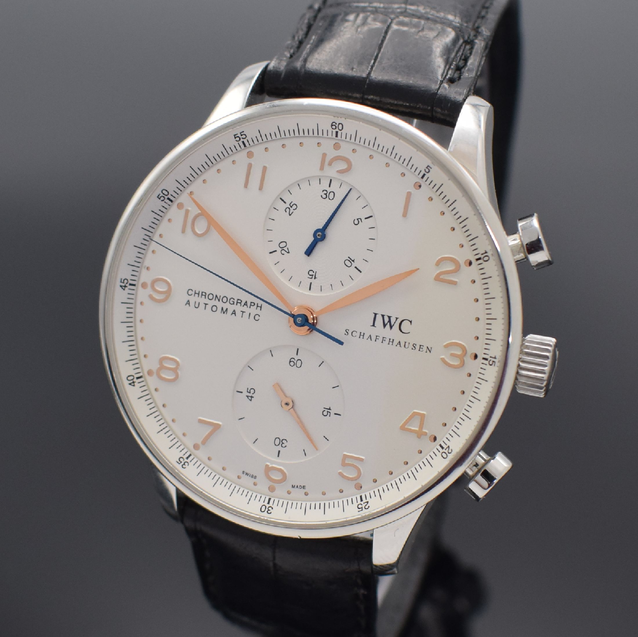 Detail a: IWC feiner Armbandchronograph Modell Portugieser Referenz 3714-01, Automatik, Edelstahlgeh. inkl. orig. Lederband m. orig. Faltschl., Boden 4-fach ...