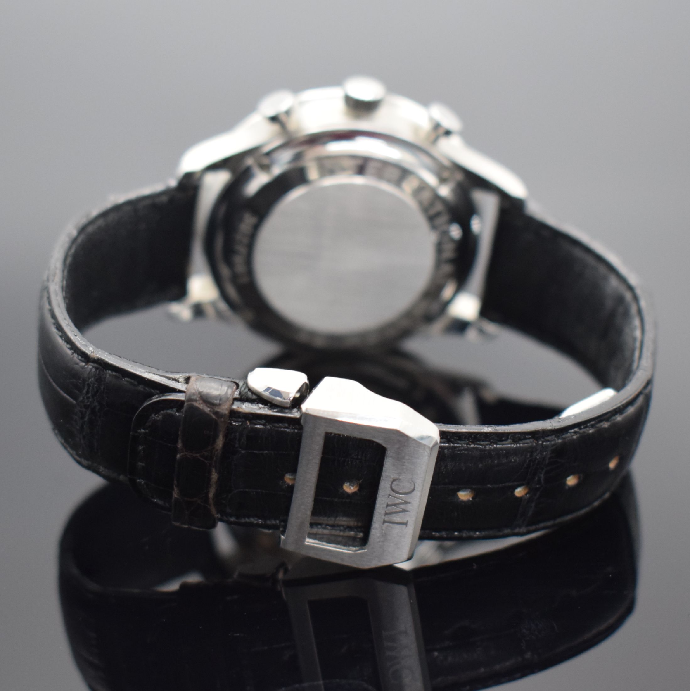 Detail b: IWC feiner Armbandchronograph Modell Portugieser Referenz 3714-01, Automatik, Edelstahlgeh. inkl. orig. Lederband m. orig. Faltschl., Boden 4-fach ...