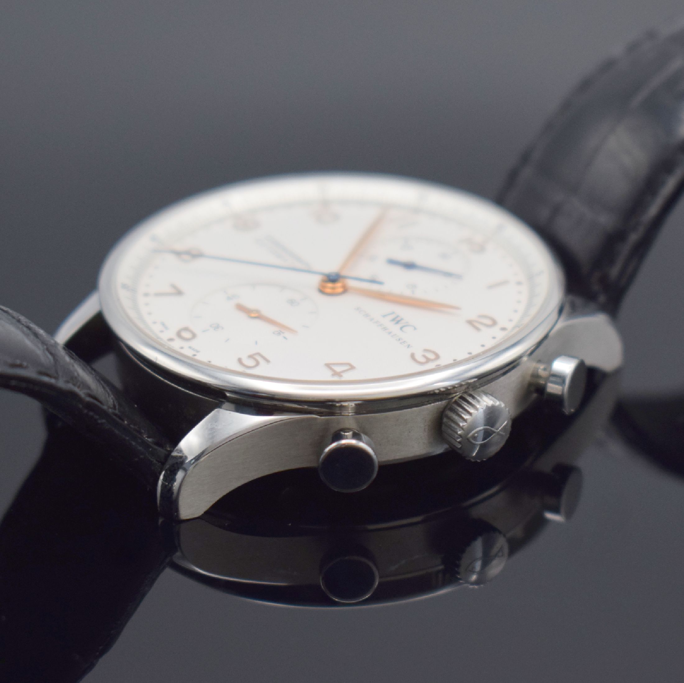 Detail d: IWC feiner Armbandchronograph Modell Portugieser Referenz 3714-01, Automatik, Edelstahlgeh. inkl. orig. Lederband m. orig. Faltschl., Boden 4-fach ...