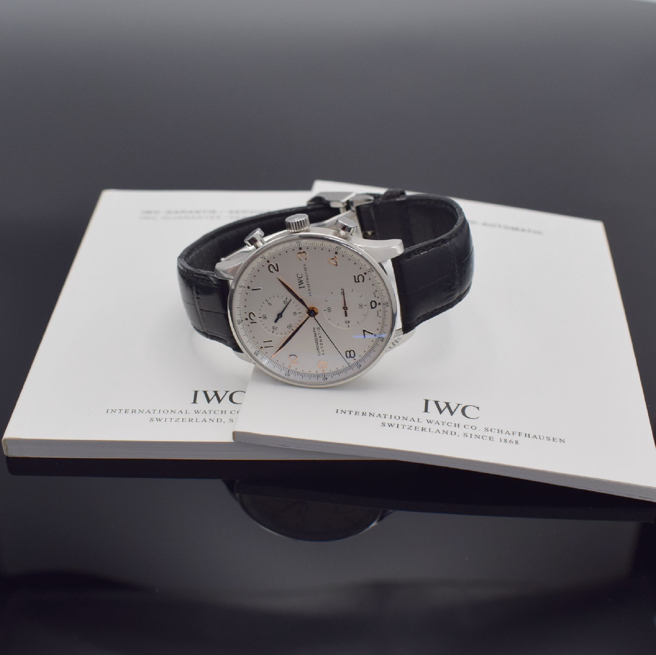 Detail g: IWC feiner Armbandchronograph Modell Portugieser Referenz 3714-01, Automatik, Edelstahlgeh. inkl. orig. Lederband m. orig. Faltschl., Boden 4-fach ...