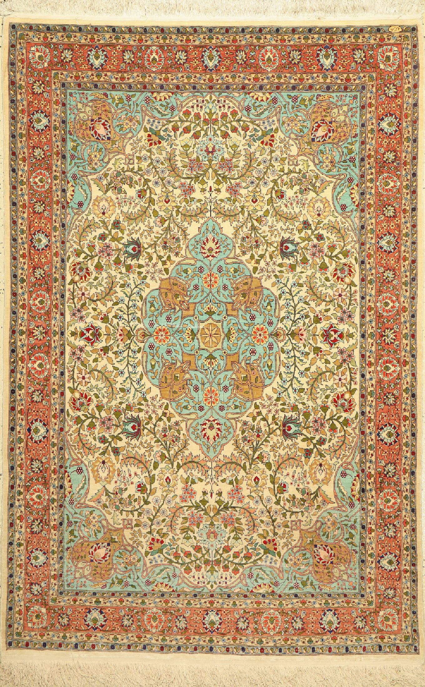Hereke Seide fein, signiert, Türkei, um 1950, reine Naturseide, ca. 187 x 124 cm, ca. 1,0 Mio. Kn/qm, EHZ:(Sehr guter Zustand)