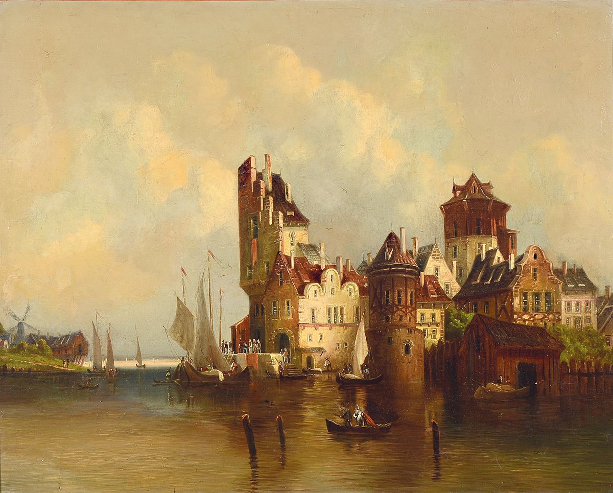 Nachfolger Jan Hendrik Verheyens (1778-1946), Ende 19.Jh., historisierende Ansicht Utrechts um 1818, belebte Szene mit reicher Figurenstaffage, ...