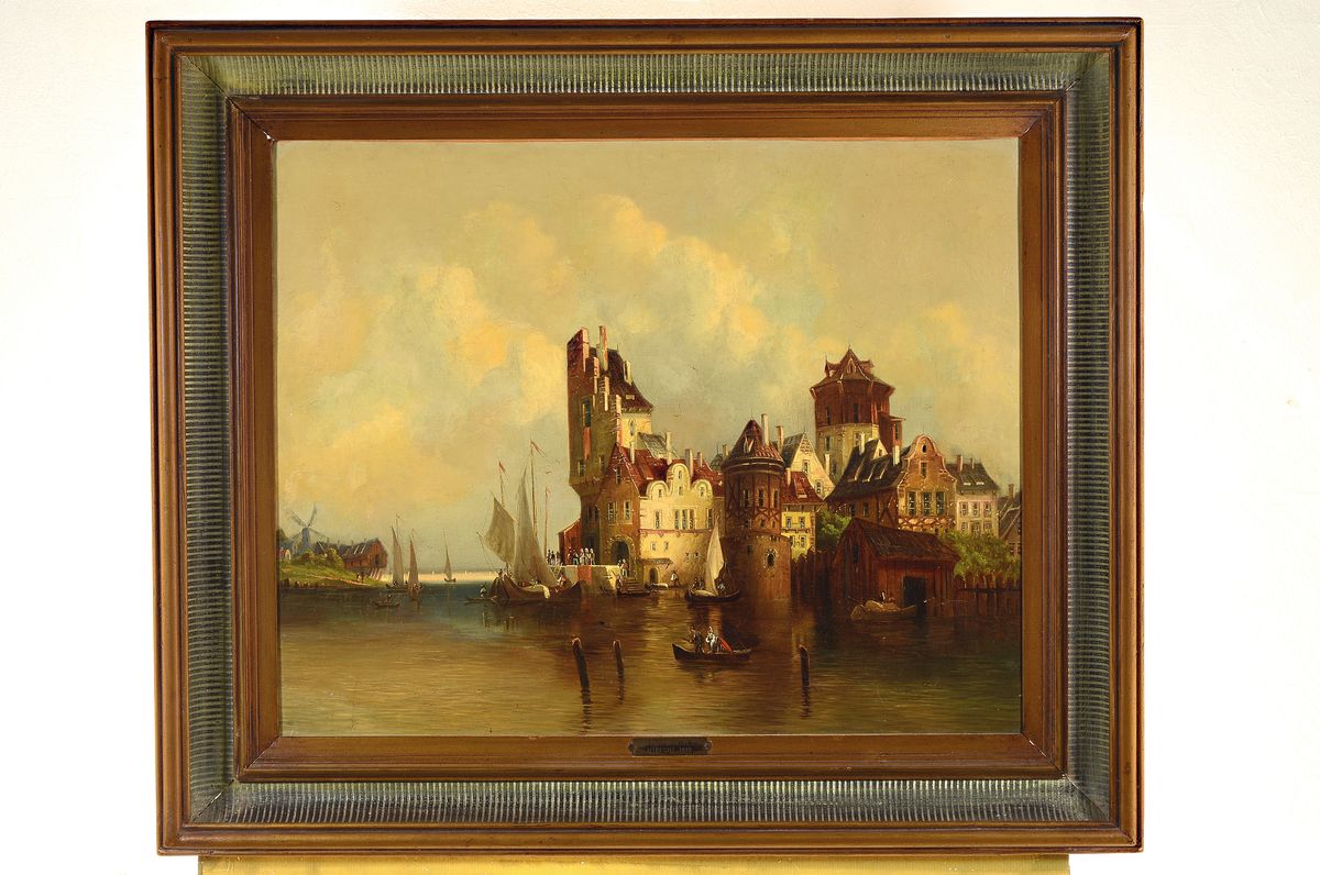 Detail k: Nachfolger Jan Hendrik Verheyens (1778-1946), Ende 19.Jh., historisierende Ansicht Utrechts um 1818, belebte Szene mit reicher Figurenstaffage, ...