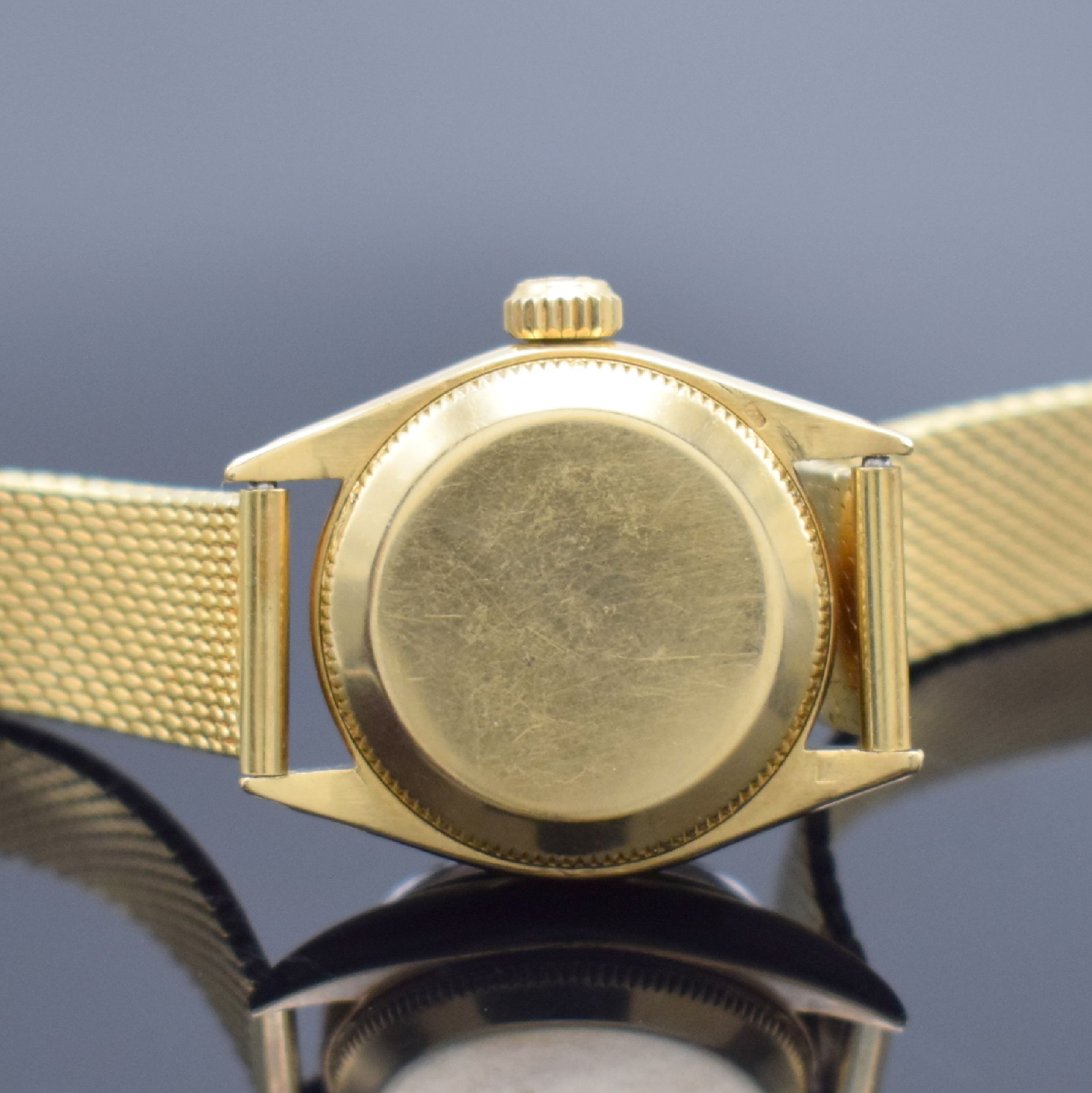 Detail d: ROLEX Oyster Perpetual Damenarmbanduhr in GG 750/000 am neutralen Goldband, Schweiz um 1965, Automatik, verschr. Oystergeh. Ref. 6618/6508 m. glatter ...