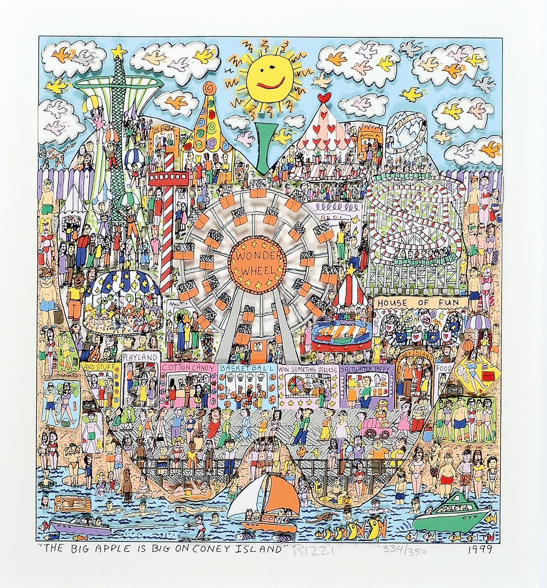 James Rizzi, 1950-2011 New York, The Big Apple is big on Coney Island, dreidimensionale Farlithographie von 1999, handsigniert und num. 334/350, ca. ...