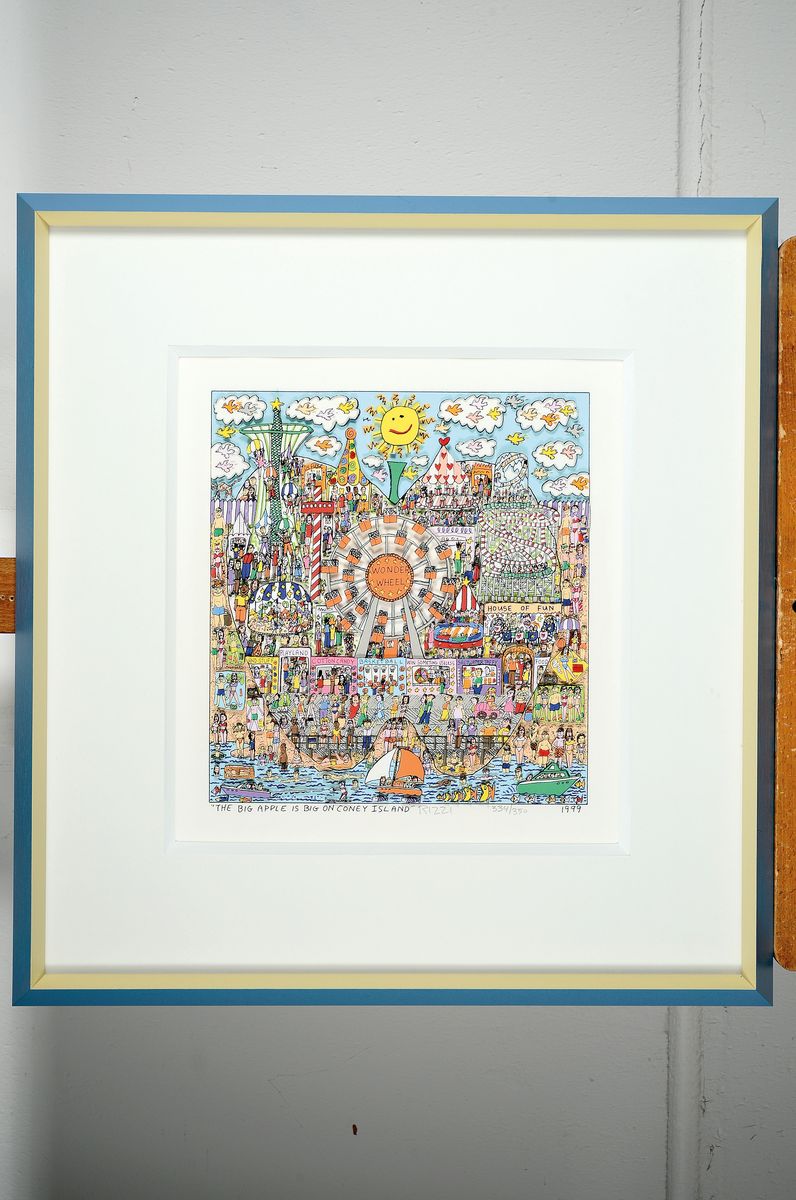 Detail k: James Rizzi, 1950-2011 New York, The Big Apple is big on Coney Island, dreidimensionale Farlithographie von 1999, handsigniert und num. 334/350, ca. ...
