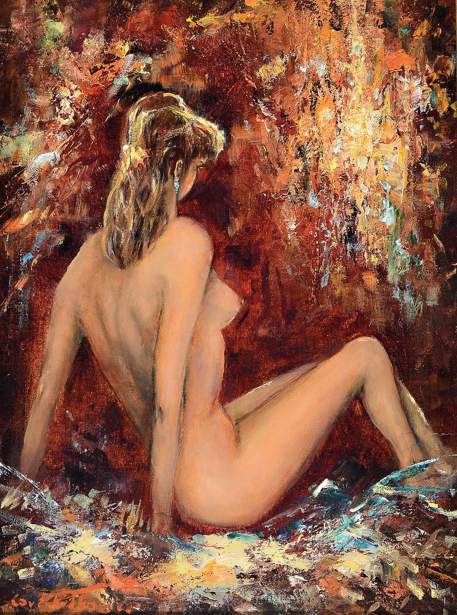 Friedrich-Karl Thauer, 1924-2009, Studium bei Prof. Metz und Hagenmüller, später Studium bei Kokoschka, hier: weiblicher Rückenakt, Öl/Lwd, links ...