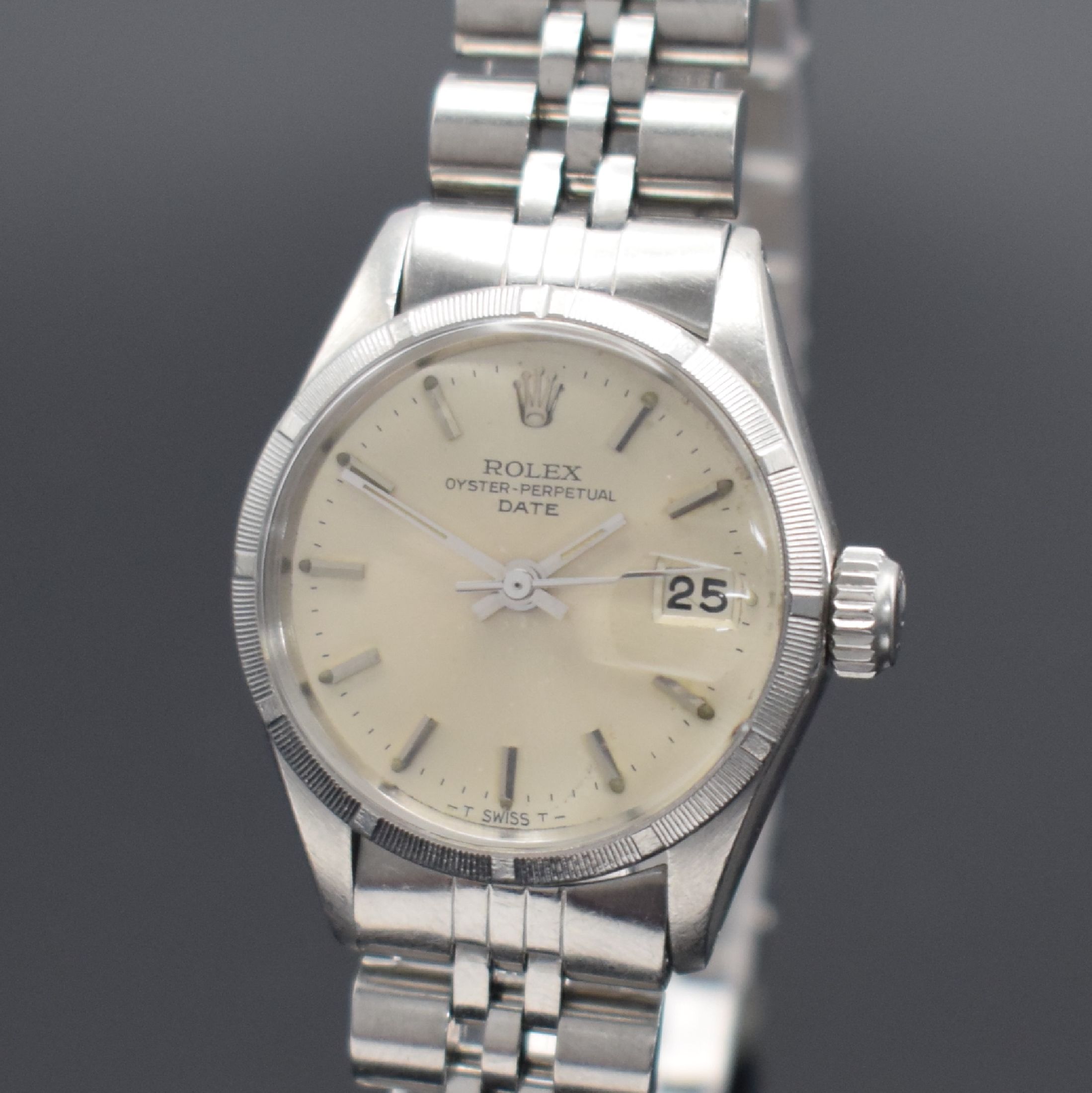 Detail a: ROLEX Damenarmbanduhr Oyster Perpetual Date Referenz 6519, Automatik, Schweiz 4. Quartal 1968, Edelstahlgeh. inkl. Jubileeband, Boden & Krone ...