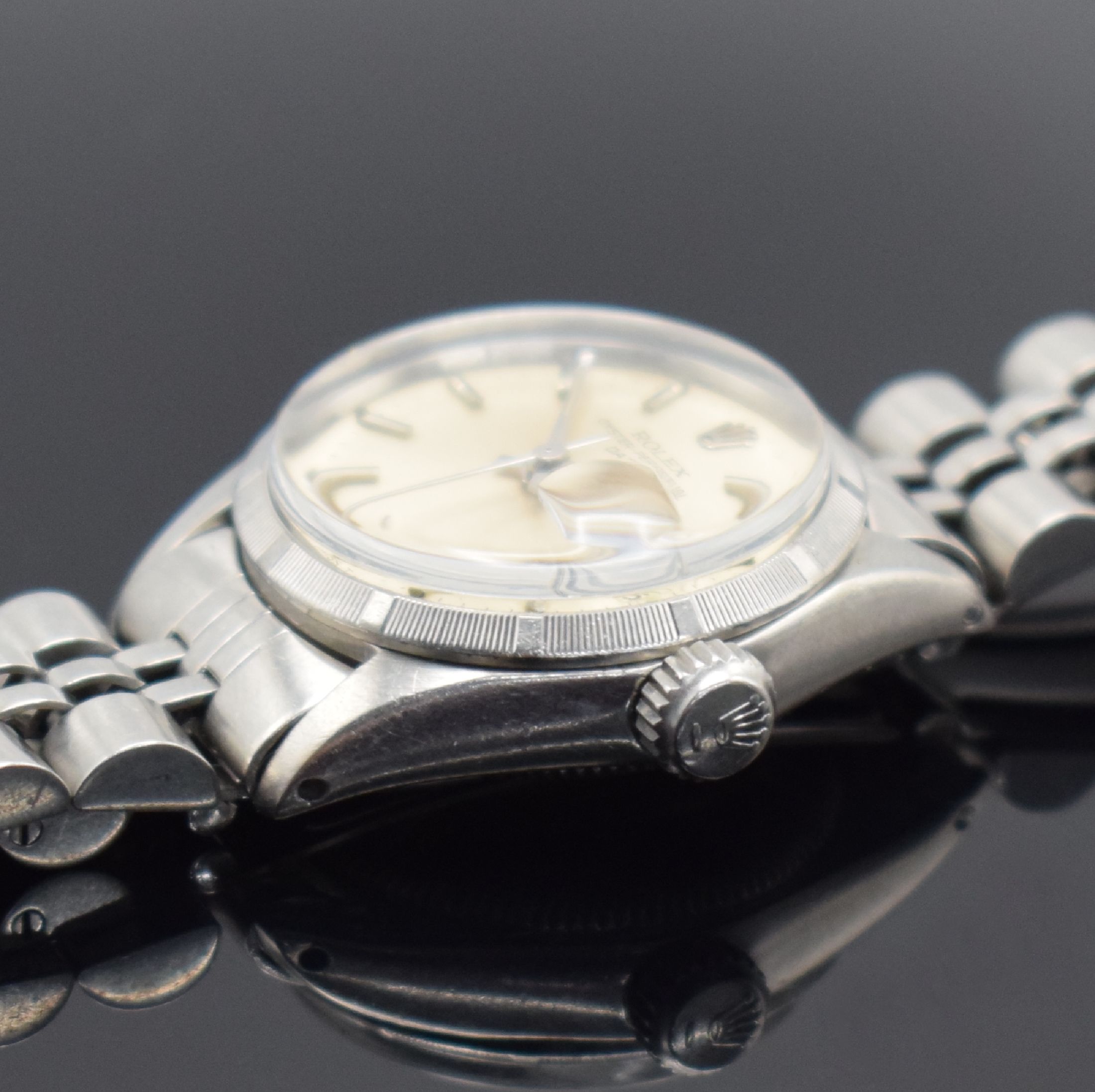 Detail c: ROLEX Damenarmbanduhr Oyster Perpetual Date Referenz 6519, Automatik, Schweiz 4. Quartal 1968, Edelstahlgeh. inkl. Jubileeband, Boden & Krone ...
