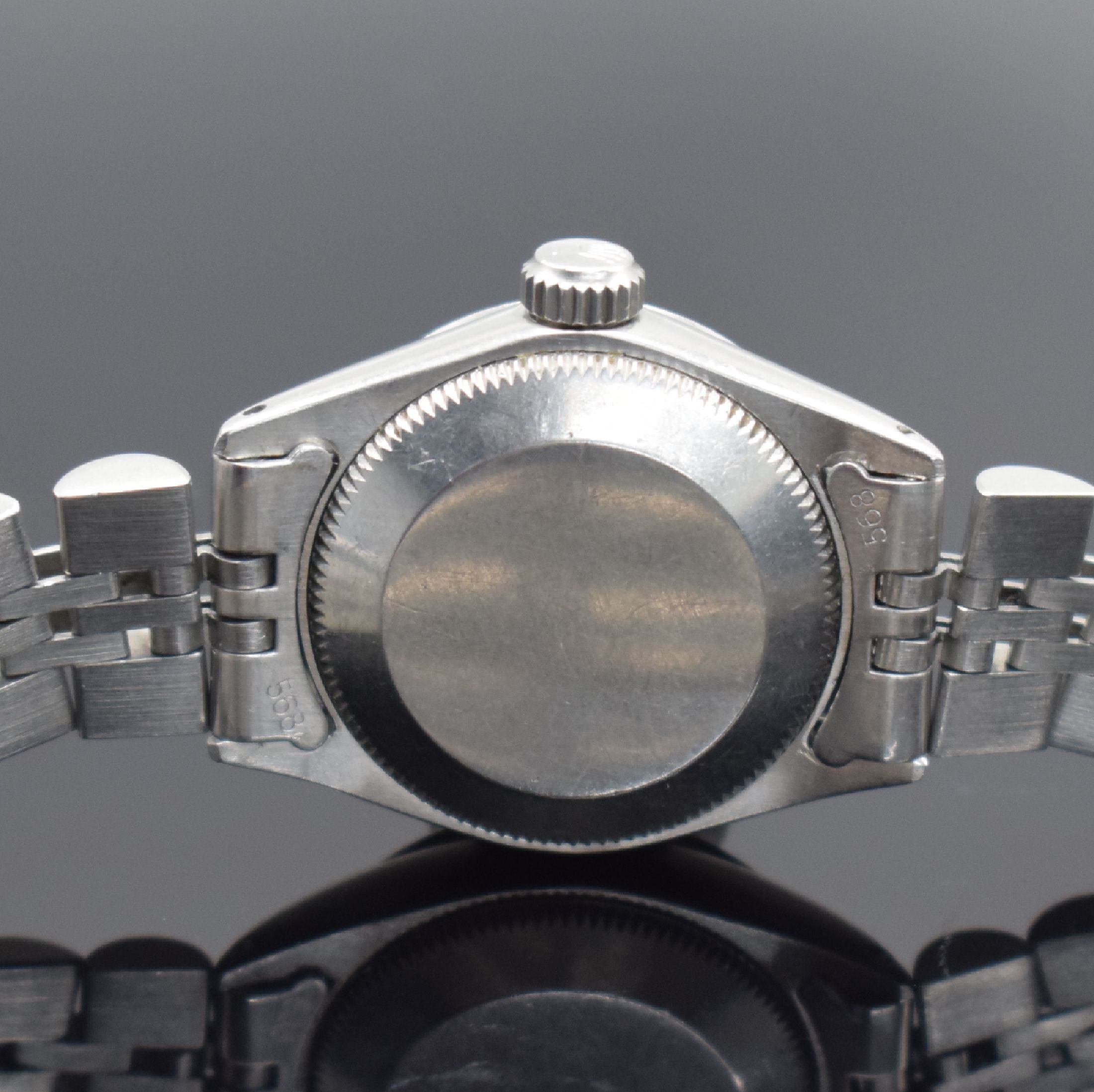 Detail d: ROLEX Damenarmbanduhr Oyster Perpetual Date Referenz 6519, Automatik, Schweiz 4. Quartal 1968, Edelstahlgeh. inkl. Jubileeband, Boden & Krone ...