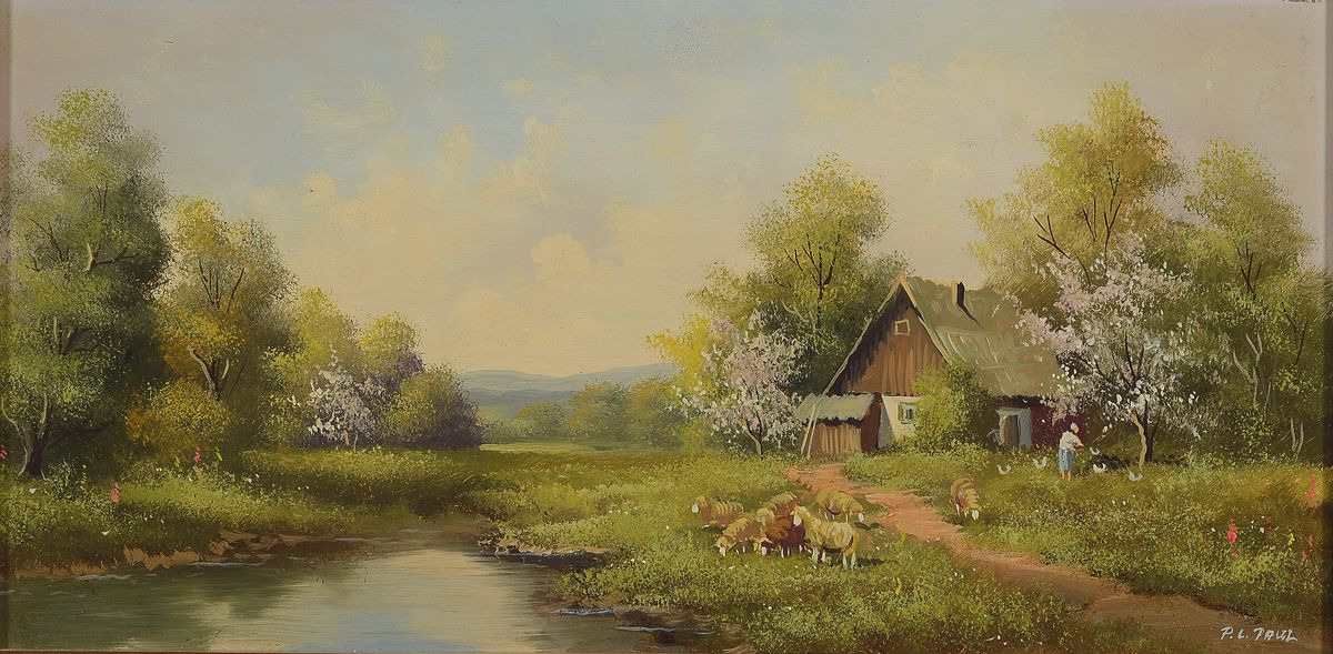 P.L. Paul, Traditionalist 2. Hälfte 20. Jh., vier Ölgemälde, vier Landschaften zu den vier Jahreszeiten, Öl/Holz, signiert, ca. 15 x 29 cm Rahmen ...