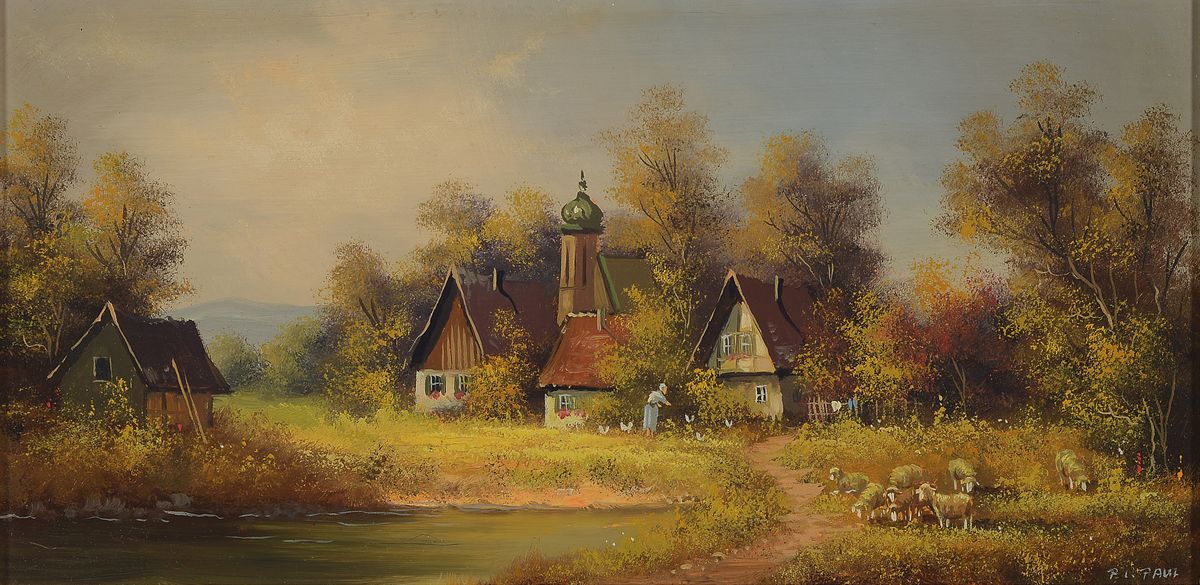 Detail b: P.L. Paul, Traditionalist 2. Hälfte 20. Jh., vier Ölgemälde, vier Landschaften zu den vier Jahreszeiten, Öl/Holz, signiert, ca. 15 x 29 cm Rahmen ...