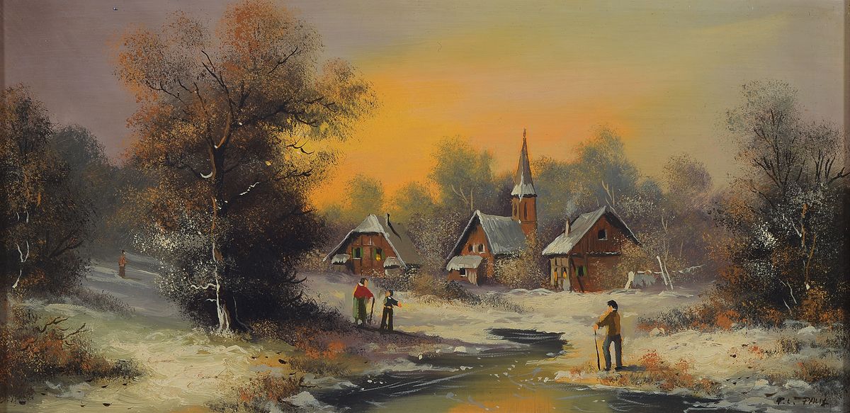 Detail c: P.L. Paul, Traditionalist 2. Hälfte 20. Jh., vier Ölgemälde, vier Landschaften zu den vier Jahreszeiten, Öl/Holz, signiert, ca. 15 x 29 cm Rahmen ...