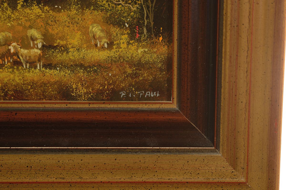 Detail d: P.L. Paul, Traditionalist 2. Hälfte 20. Jh., vier Ölgemälde, vier Landschaften zu den vier Jahreszeiten, Öl/Holz, signiert, ca. 15 x 29 cm Rahmen ...