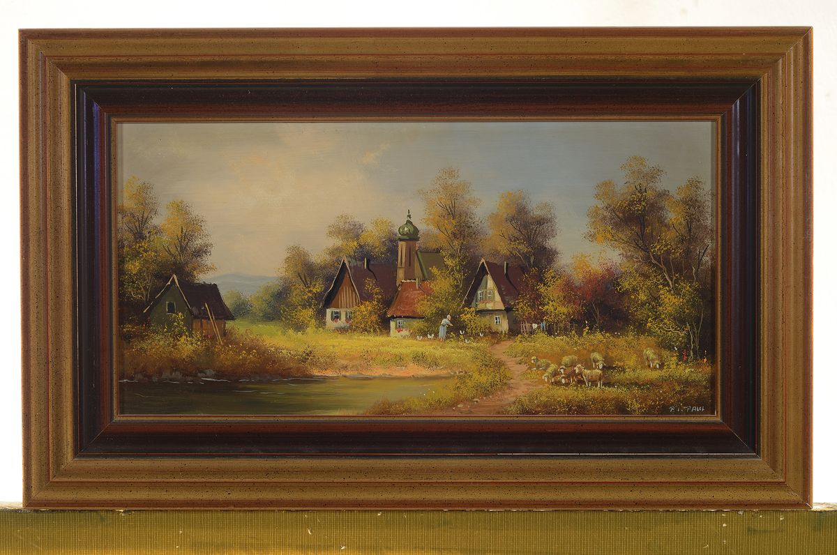 Detail k: P.L. Paul, Traditionalist 2. Hälfte 20. Jh., vier Ölgemälde, vier Landschaften zu den vier Jahreszeiten, Öl/Holz, signiert, ca. 15 x 29 cm Rahmen ...