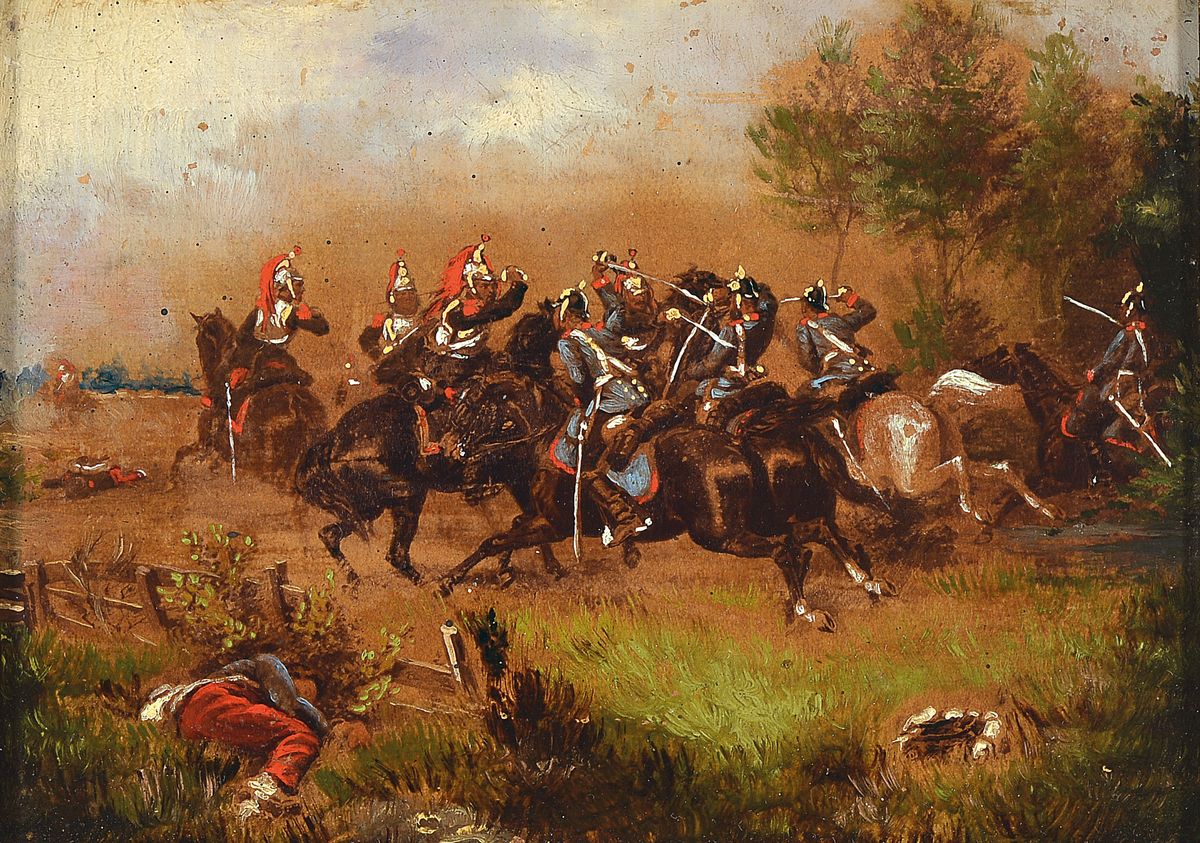 Zuschreibung Christian Sell, 1854 - 1925, Reiterszene im deutsch-französischen Krieg, Öl/Holz, unsigniert, ca. 9 x 13.5 cm Rahmen ca. 16 x 20 cm