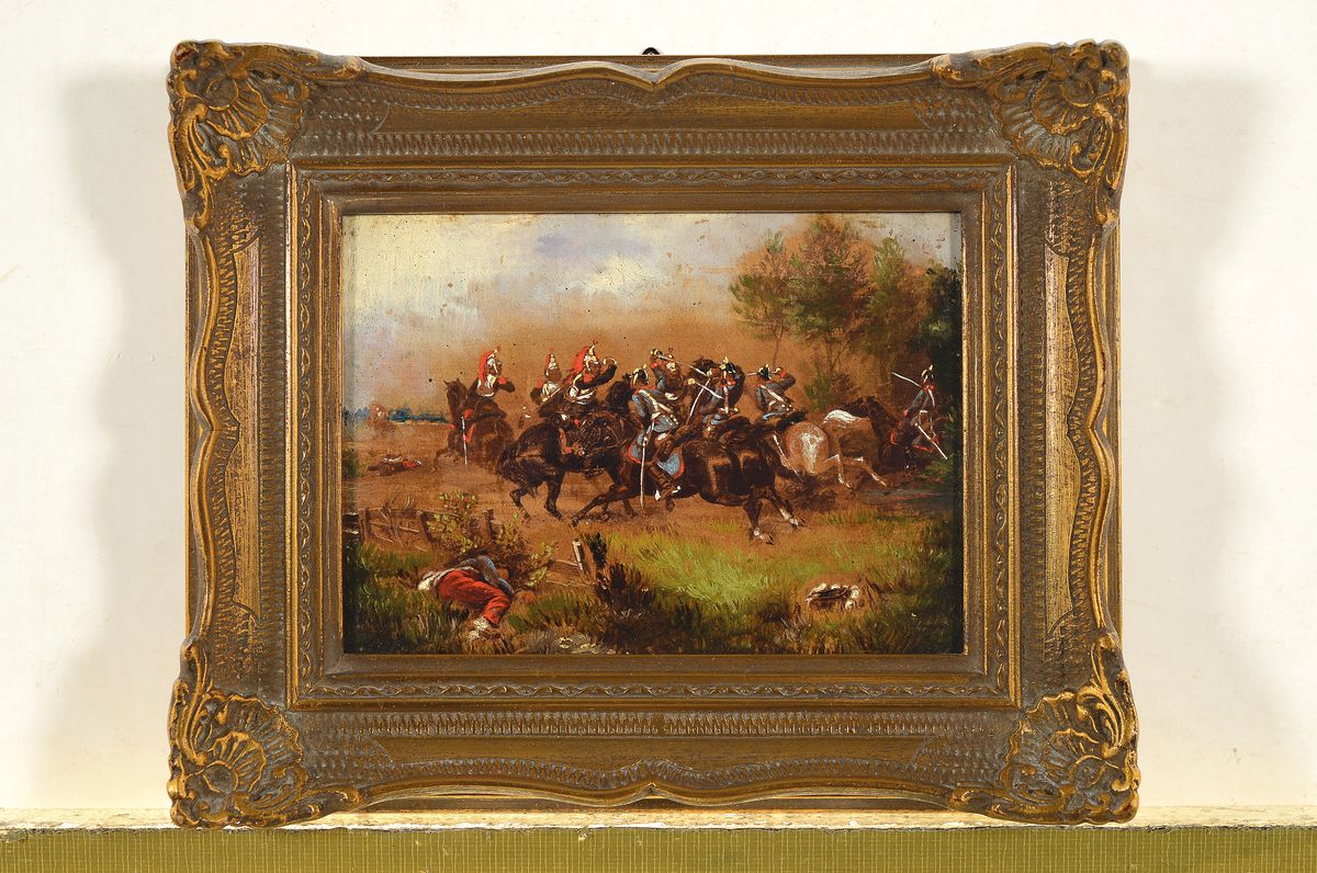 Detail k: Zuschreibung Christian Sell, 1854 - 1925, Reiterszene im deutsch-französischen Krieg, Öl/Holz, unsigniert, ca. 9 x 13.5 cm Rahmen ca. 16 x 20 cm