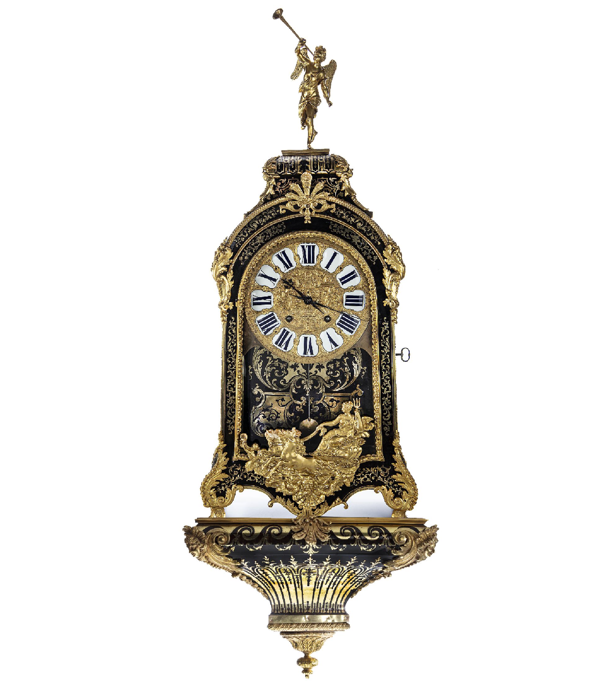 JAQUES COGNIET à Paris Louis-XV Boulle-Wanduhr mit original Konsole, Frankreich um 1730, 3-seitig vergl. Geh.(1 seitl. Glas zu ers.), reichhaltig m. ...