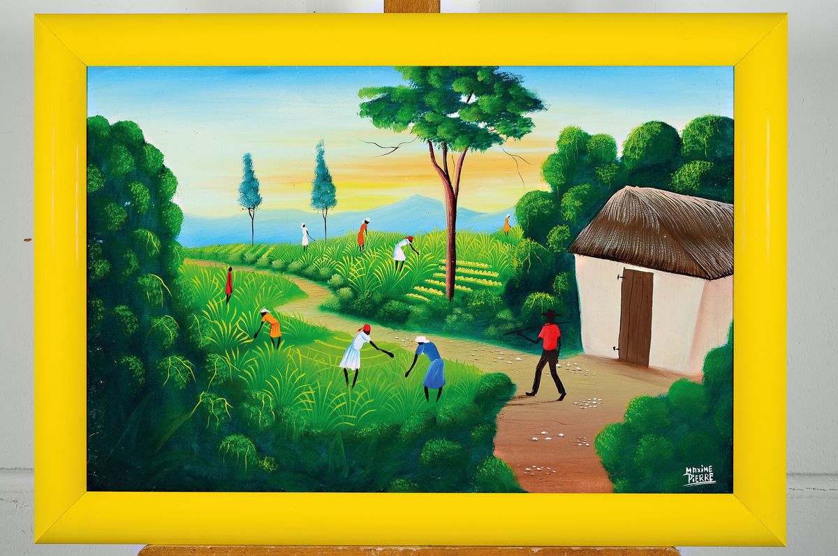 Detail k: Maxime Pierre, zeitgenössischer haitinaischer Künstler, romantisierend-exotische Ansicht eine folkloristischen Landschaft, rechts untensigniert, ...
