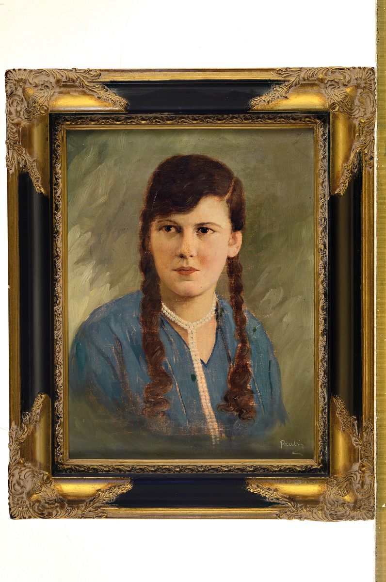 Detail k: Pauli, Künstler der Mitte des 20.Jh., Bildnis einer jungen Frau mit Perlenkette und Zöpfen, Öl/Lwd, Rahmen, 55x43 cm