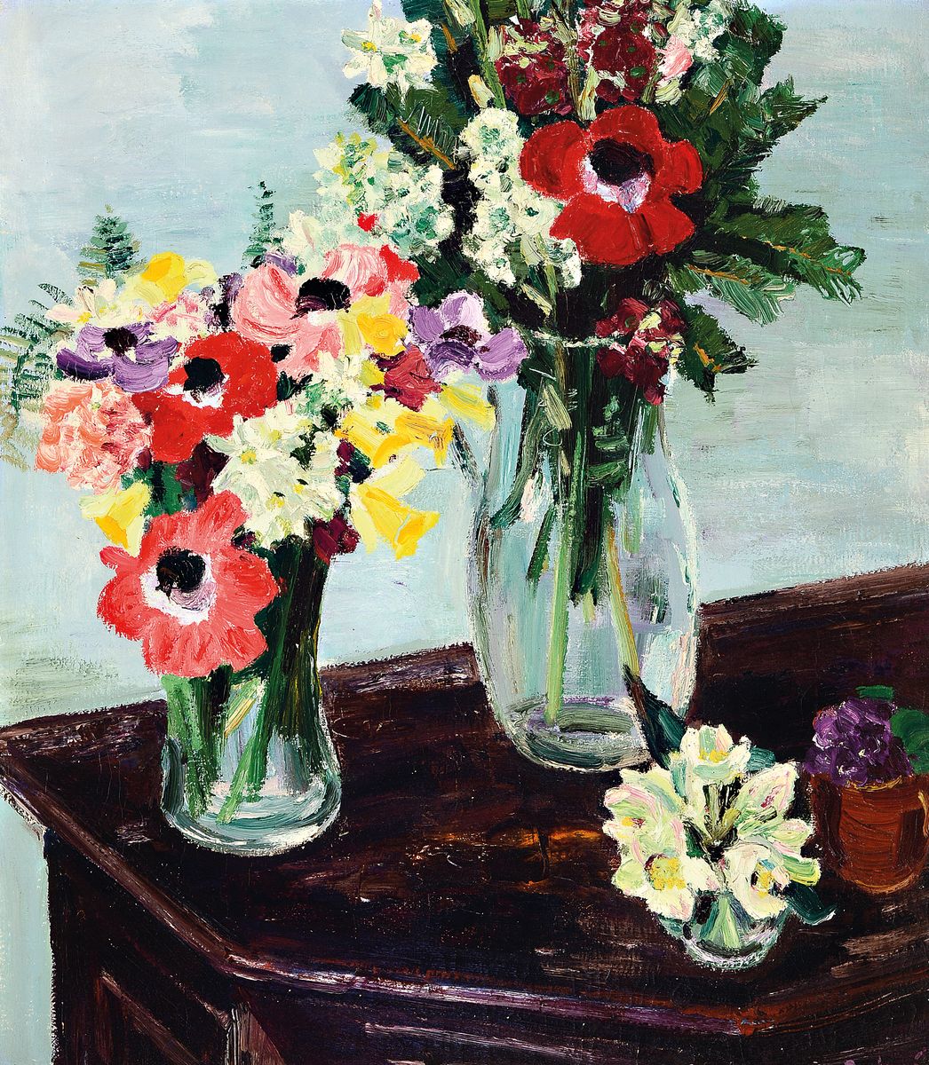 Arnold Balwe, 1898 Dresden-1983 Feldwies/ Chiemsee, "Frühlingsblumen, Öl/Lwd, re. unten sign., verso nochmals sign., R. ca. 88x78 cm