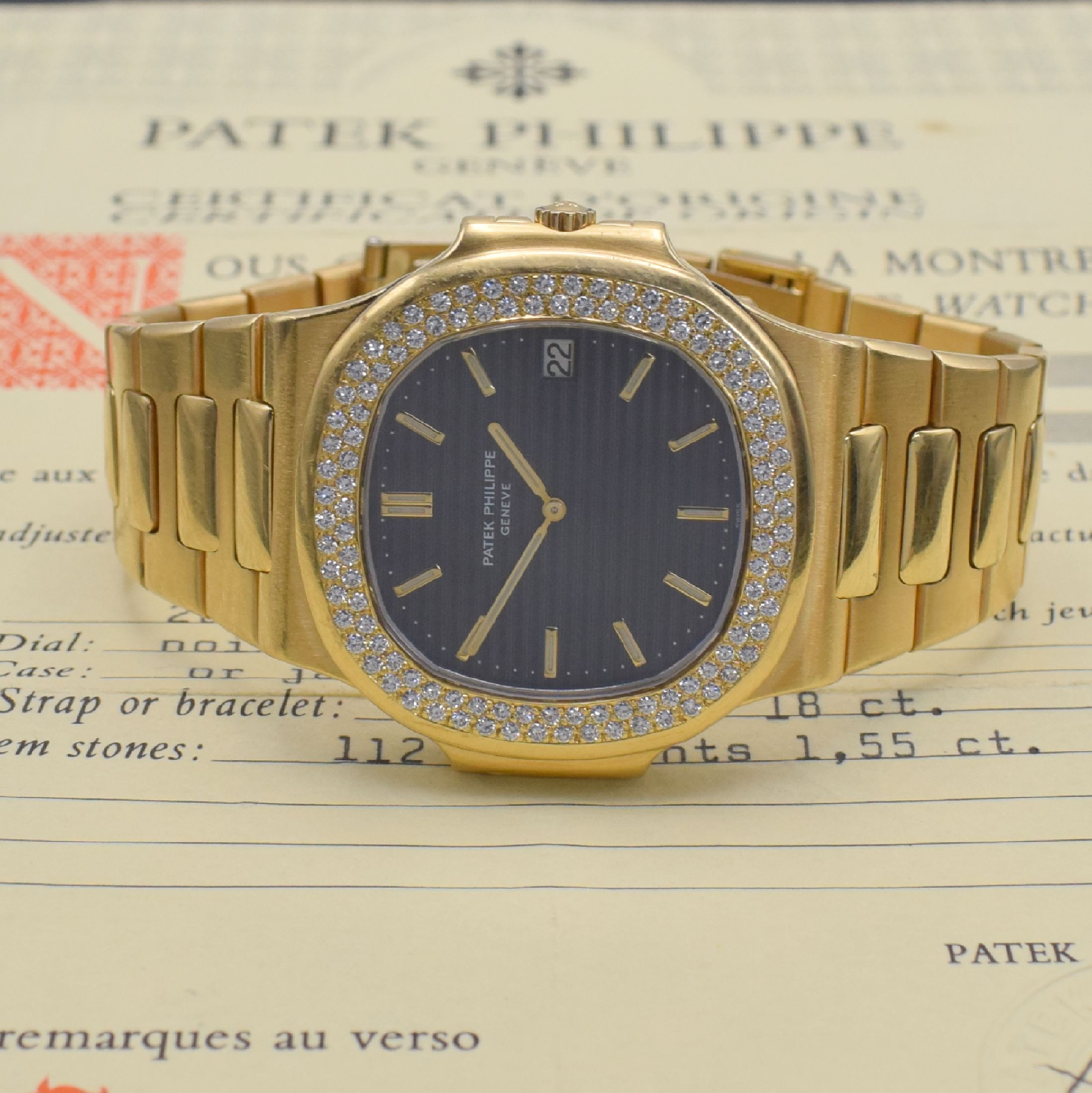 Detail h: PATEK PHILIPPE hochfeine & seltene Herrenarmbanduhr "Jumbo" Nautilus Referenz 3700/003 in GG 750/000 mit original Brillantbesatz & original ...