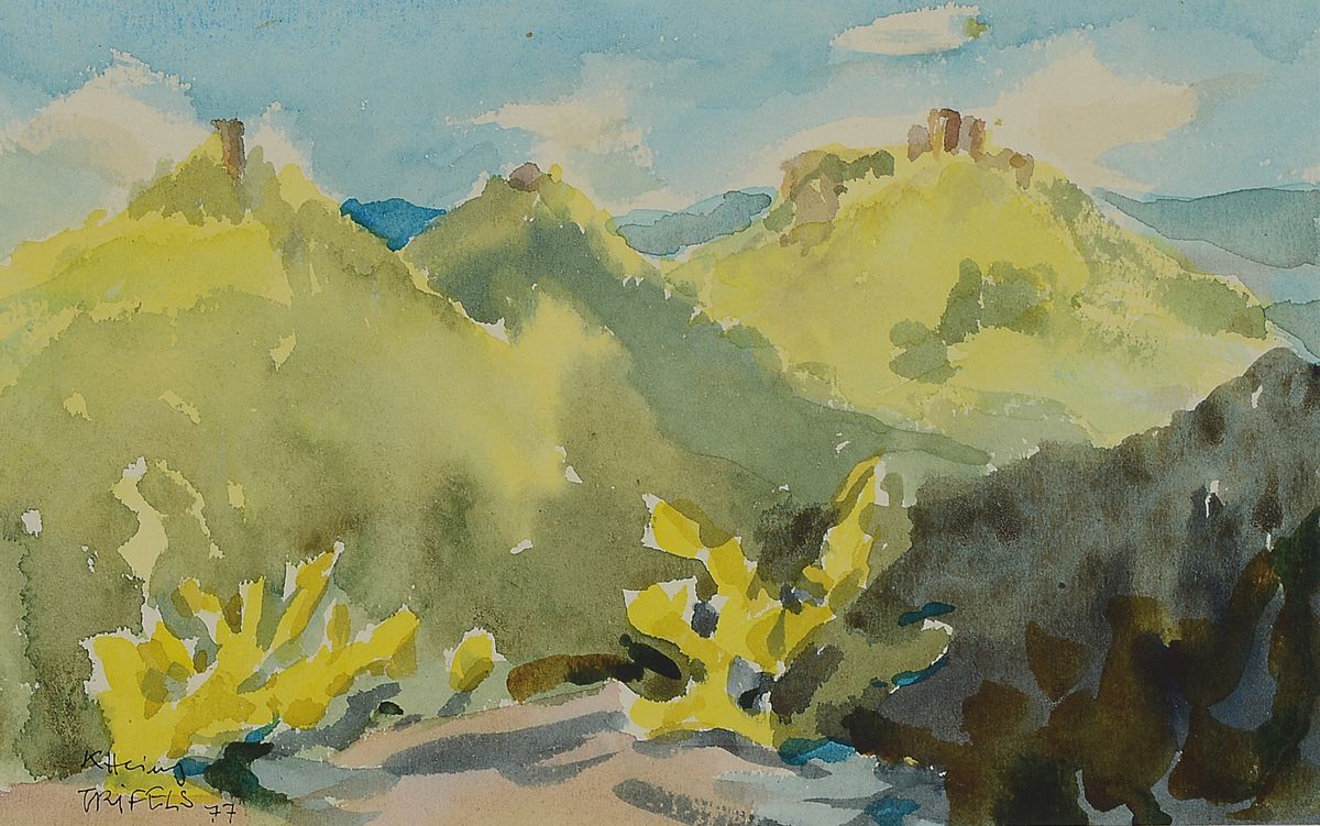 Ungedeuteter Künstler des 20.Jh., Aquarell, Ansicht der Trifelsgruppe, links unten signiert (K. Hering ?) u. datiert 77, unter PPund Glas gerahmt, ...