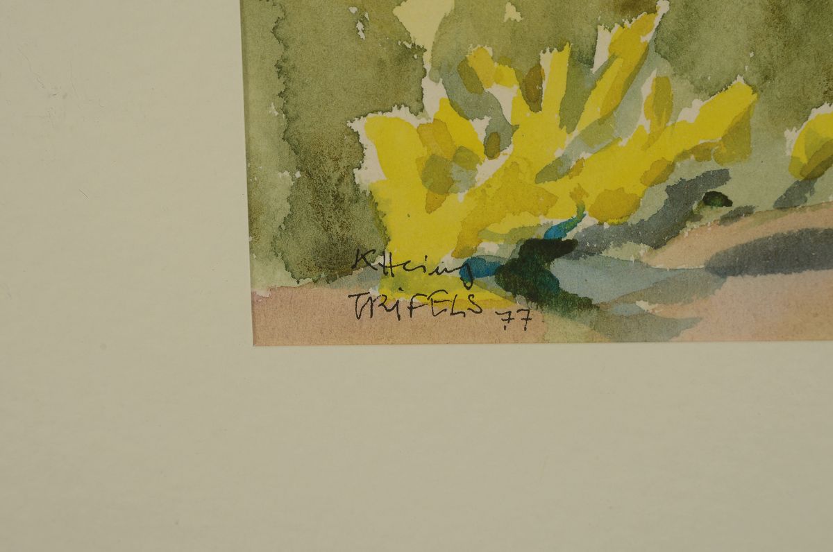 Detail a: Ungedeuteter Künstler des 20.Jh., Aquarell, Ansicht der Trifelsgruppe, links unten signiert (K. Hering ?) u. datiert 77, unter PPund Glas gerahmt, ...