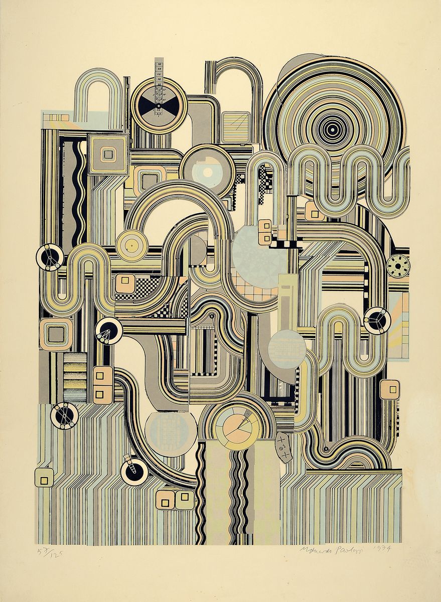 Eduardo Paolozzi, 1924-2005, Farblithographie von 1974, handsigniert und dat., num. 57/125, Blattgr. ca. 90x65cm, Ecken besch., gebräunt, seitlich ...