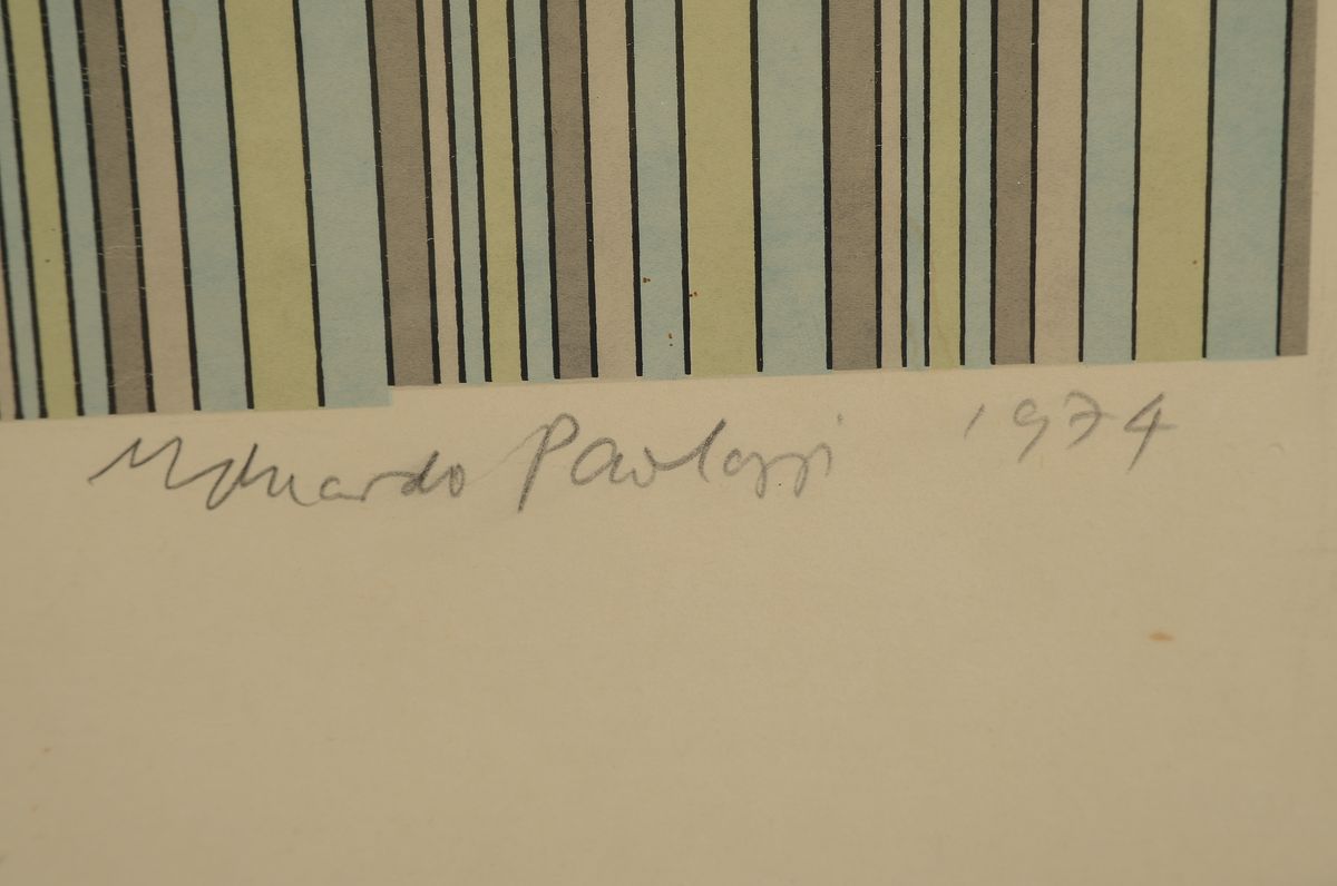 Detail a: Eduardo Paolozzi, 1924-2005, Farblithographie von 1974, handsigniert und dat., num. 57/125, Blattgr. ca. 90x65cm, Ecken besch., gebräunt, seitlich ...