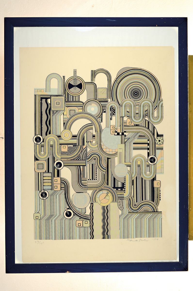 Detail k: Eduardo Paolozzi, 1924-2005, Farblithographie von 1974, handsigniert und dat., num. 57/125, Blattgr. ca. 90x65cm, Ecken besch., gebräunt, seitlich ...