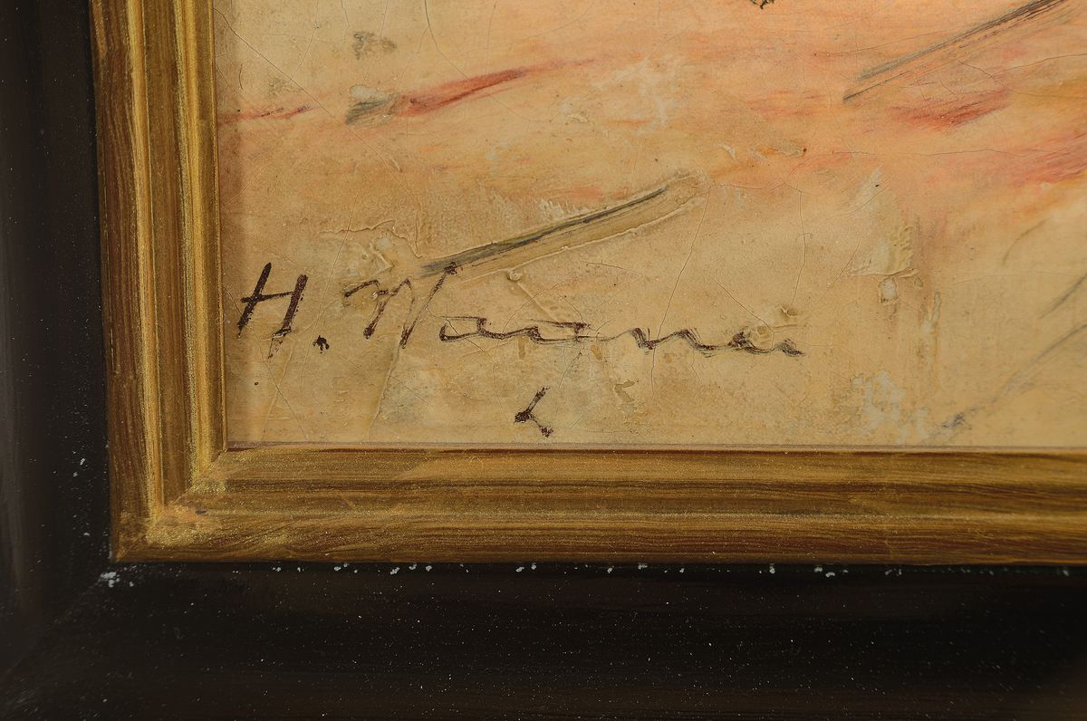 Detail a: H. Wagner, Pseudonym des Georg Fischhof, 1859-1914 Wien, südliche Küstenlandschaft, im Vordergrund Bauernpaar mit Esel, Öl/Lwd, links unten ...