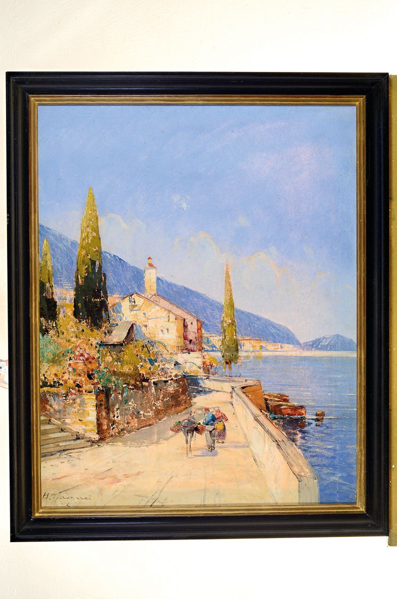 Detail k: H. Wagner, Pseudonym des Georg Fischhof, 1859-1914 Wien, südliche Küstenlandschaft, im Vordergrund Bauernpaar mit Esel, Öl/Lwd, links unten ...