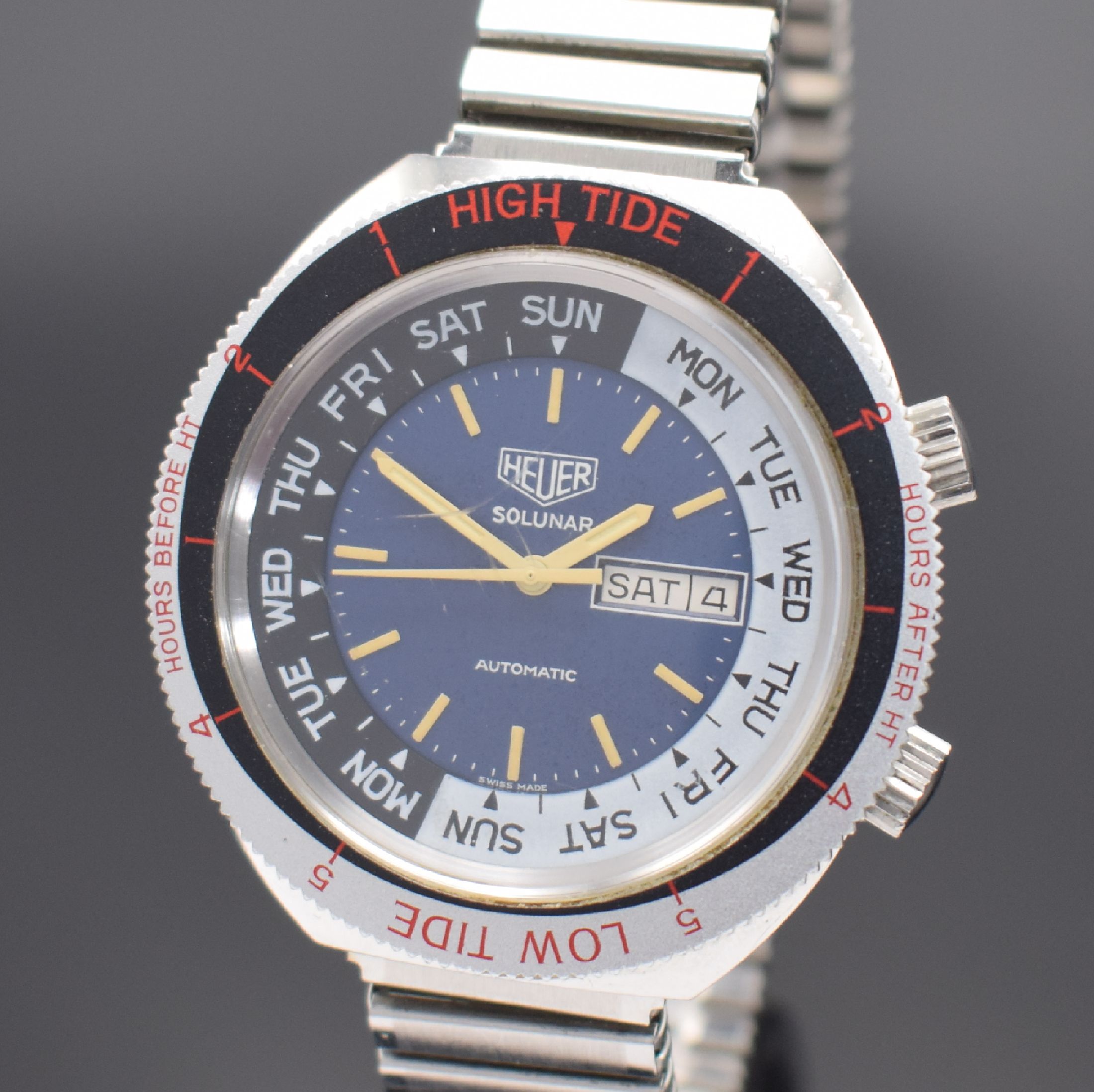 Detail a: HEUER seltene Herrenarmbanduhr mit Tidenanzeige Modell Solunar Referenz 279.603, Schweiz um 1977, Automatik, Edelstahlgeh. inkl. Flexband, Boden ...