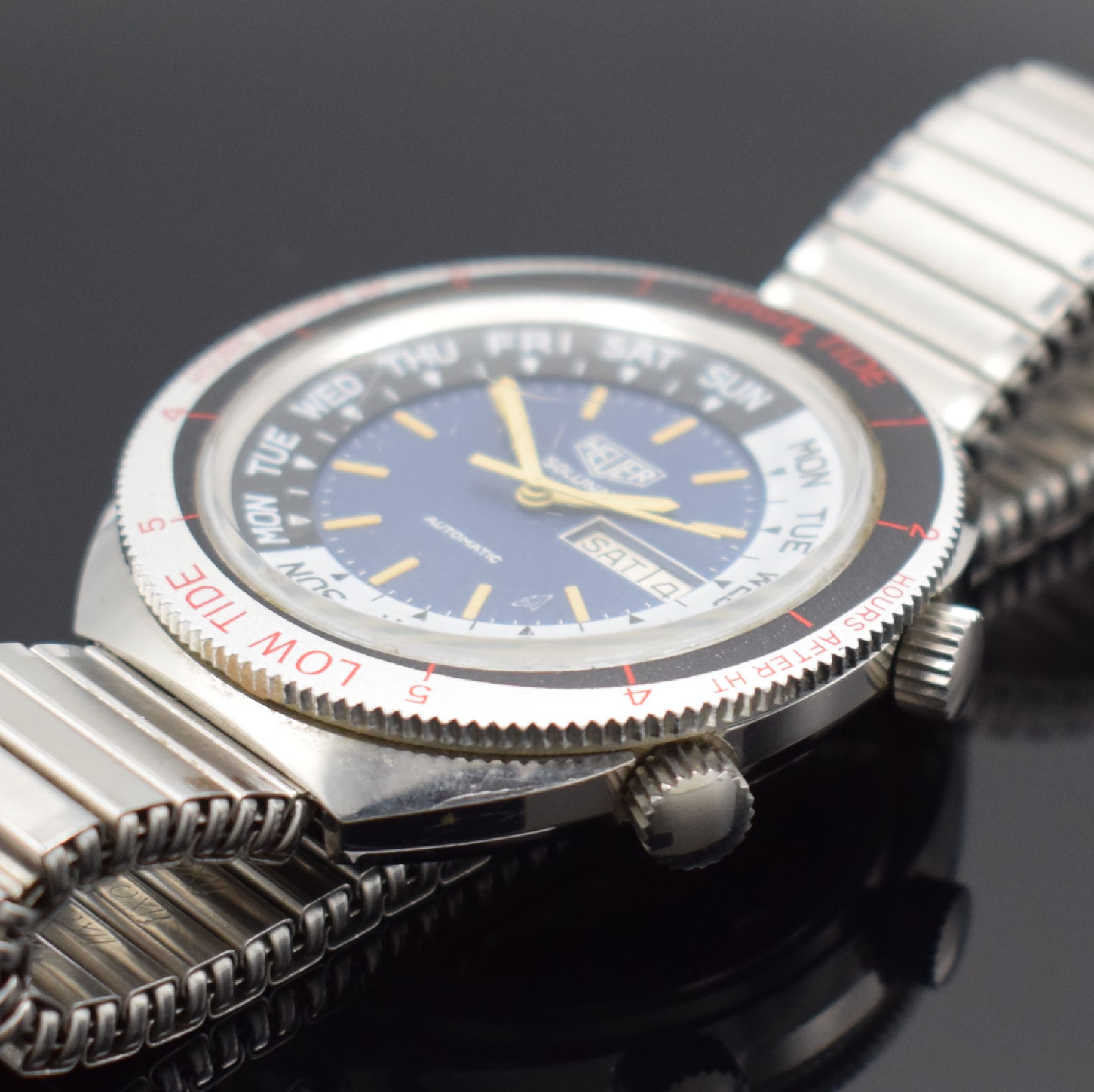 Detail b: HEUER seltene Herrenarmbanduhr mit Tidenanzeige Modell Solunar Referenz 279.603, Schweiz um 1977, Automatik, Edelstahlgeh. inkl. Flexband, Boden ...