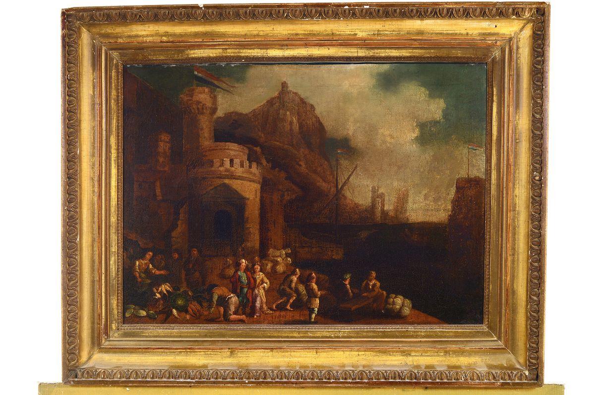 Detail k: Unbekannter Künstler, Niederlande, um 1760-1780, Marktgeschehen in einer niederländischen Hafenstadt, Öl/Lwd, rest., doubliert, ca. 40x58cm, R. ...