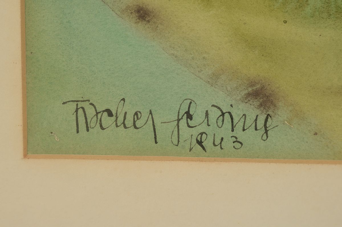 Detail a: Heribert Fischer-Geising, 1896 Teplitz-Schönau- 1984 Freiburg im Breisgau, Landschaft mit einer Ortschaft im Vordergrund, Aquarell auf Papier, links ...