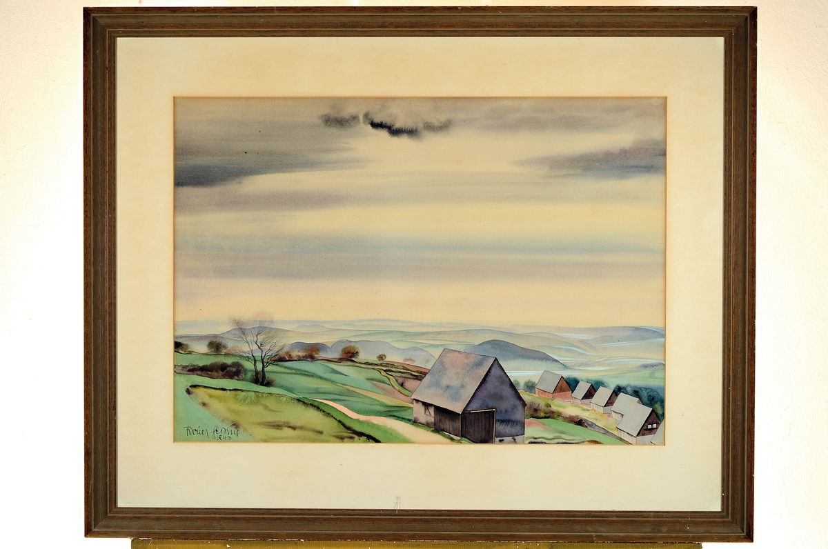 Detail k: Heribert Fischer-Geising, 1896 Teplitz-Schönau- 1984 Freiburg im Breisgau, Landschaft mit einer Ortschaft im Vordergrund, Aquarell auf Papier, links ...