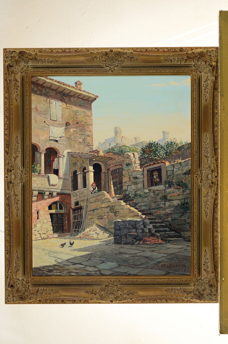 Detail k: Hans Raufenbarth, Kronberger Maler der 1. Hälfte des 20. Jh., Ansicht aus Spanien, Öl/Malkarton, rechts unten signiert, ca. 50x40cm, R. ca. 61x52cm