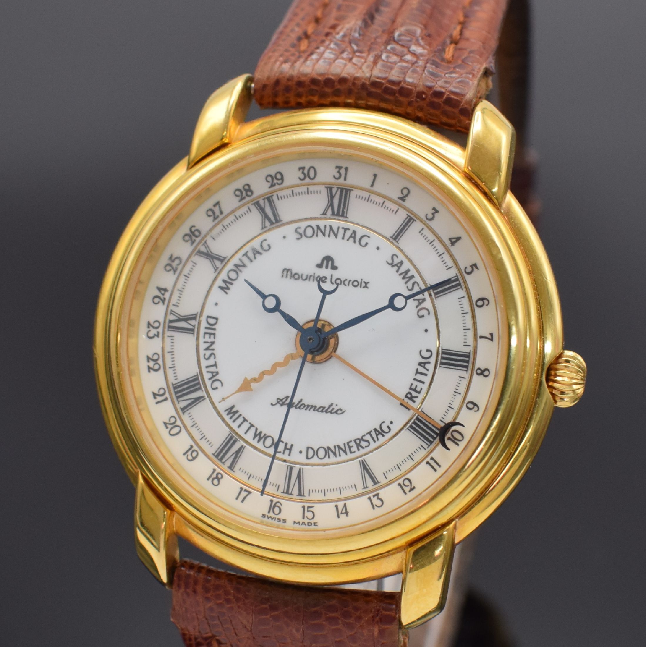 Detail a: MAURICE LACROIX Masterpiece Herrenarmbanduhr Referenz 27294, Schweiz 1990er Jahre, Automatik, verg. Geh. beids. vergl., Boden & Glasrand aufgedr., ...